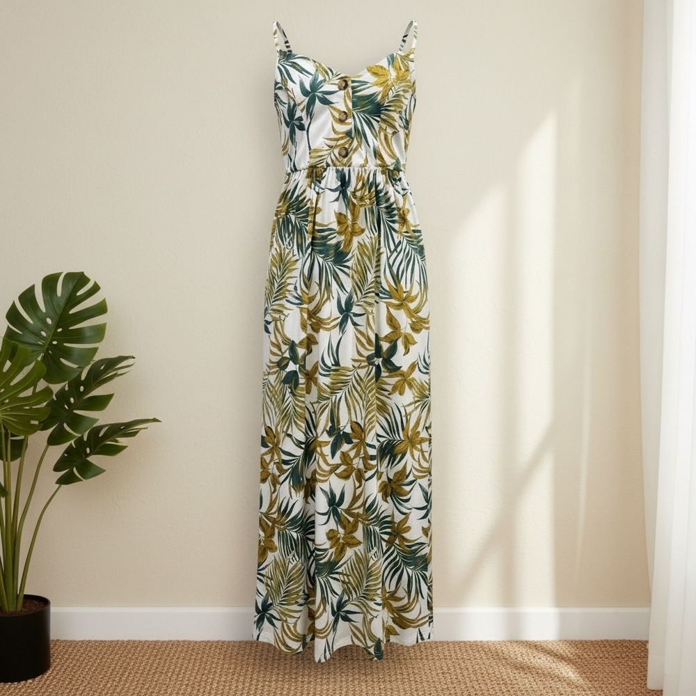 Love Squared Tropical Palm Print Maxi Dress Green/White Floral Sz S